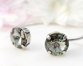 SWAROVSKI BLACK DIAMOND Bracelet, Antique Silver Clear Rhinestone Crystal Cuff, Sparkly Grey Bangle, Art Deco Artisan Gift for Her B2046