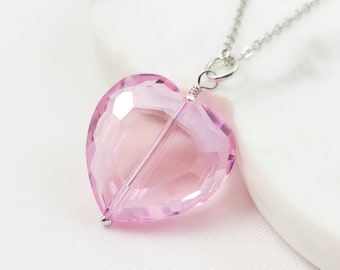 CRYSTAL HEART NECKLACE, Pink Valentine Gift, Large Heart