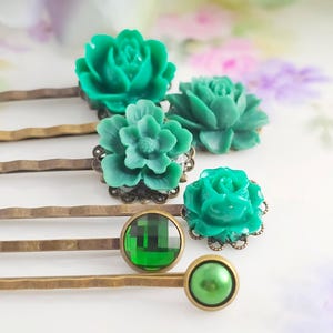 Dark GREEN BOBBY PINS Decorative Hair Pin Set, Emerald Crystal Hairpin, Floral Braid Accessory, Vintage Victorian Hair Barrette Clip, H4023B