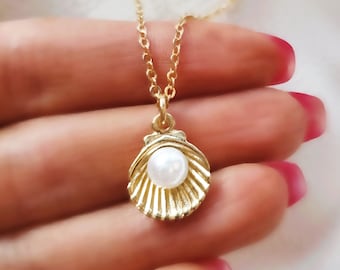 May include: A gold-colored necklace featuring a seashell pendant with a white pearl. The pendant is intricately detailed, and the chain is delicate. The jewelry is displayed against a soft, blurred background.