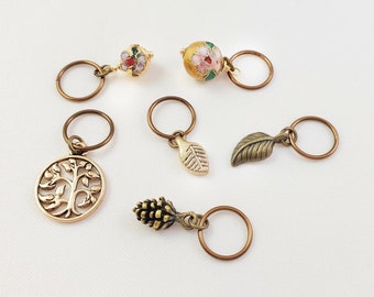 Antique Gold Botanical Hair Ring Charms Flower Hair Jewelry, Dredloc SIX Charms & Rings, Pine Cone, Leaf, Tree, Bohemian Hair Rings HR1005