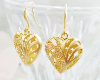 GOLD HEART EARRINGS Puffy Heartshaped Drops, Dangling Filigree Jewelry, Romantic Victorian Girlfriend Gift, I Love You Valentine E5520