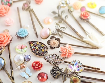 Bobby Pin GRAB BAG Set of 6 Hairpins Choose Your Color, Floral Decorative Vintage Bronze Bobby Pins Iridescent Crystals, Pearls, Flowers