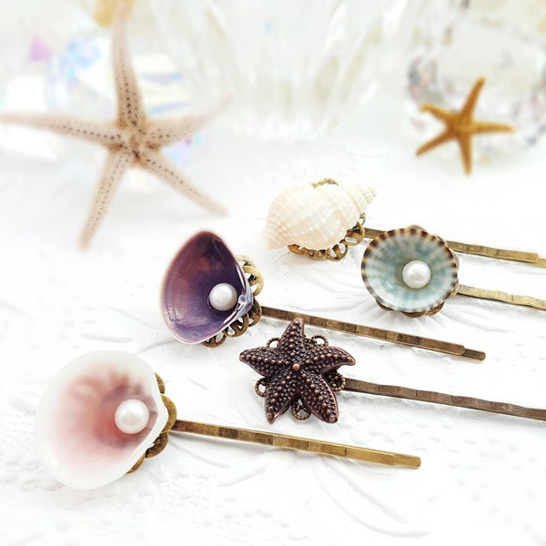 SEASHELL BOBBY PINS Beach Wedding Mermaid Hair Clip Pearl & Shell Hairpins Decorative Ocean Starfish Hair Accessories Bridesmaids H4237-1