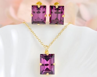 Amethyst Clip-On Earrings Gold Large PURPLE CRYSTAL BAGUETTE Non-Pierced Rectangle Stud Clipons, February Birthstone Necklace Gifts CL1072