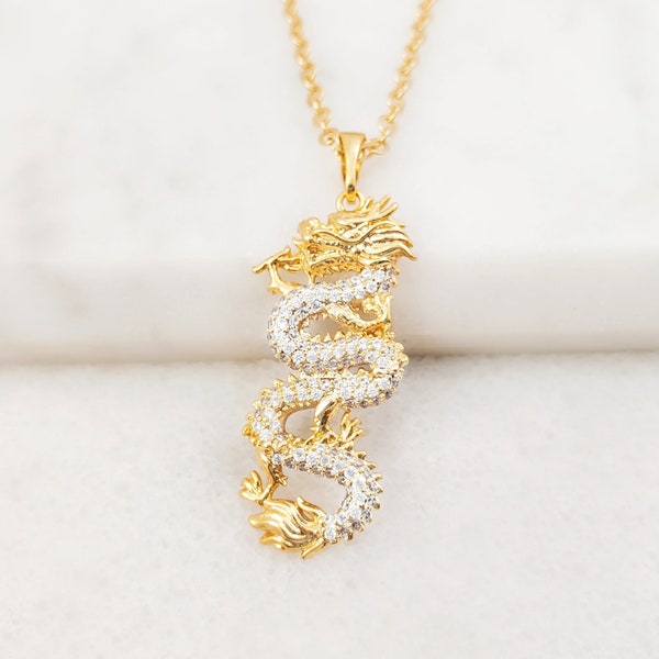 GOLDFILLED DRAGON NECKLACE 24K Gold Filled, Choose Your Cz Pendant, Cubic Zirconia Fire-Breathing Diamond Dragon Charm Jewelry Gift N5175A