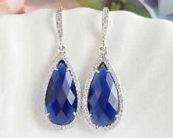 SAPPHIRE EARRINGS BLUE Glass Crystal Drops, Gold or Silver Teardrop Navy Dangles Dark Blue Bridal, Capri September Birthstone Jewelry E2547A
