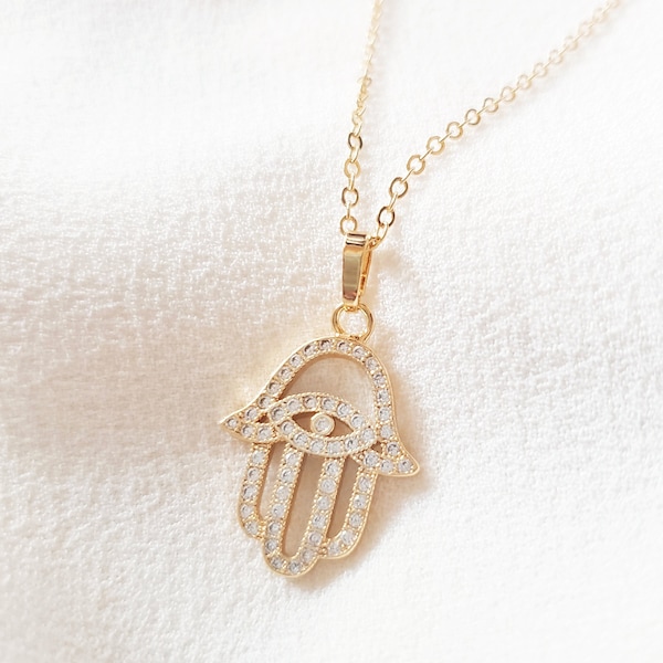 CRYSTAL HAMSA NECKLACE, Goldfilled Cubic Zirconia Evil Eye Hand of God Pendant, Cz Diamond Hamsa Dangle, Choose Your Hamsa Style N5174