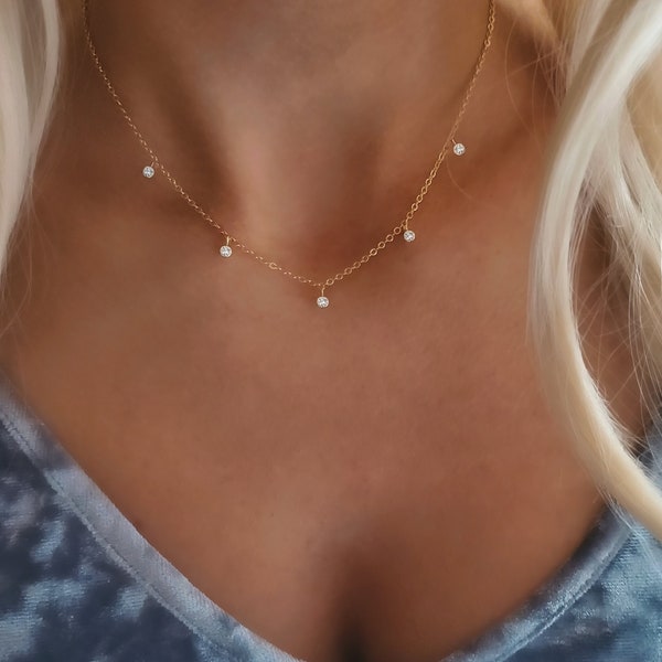 CLEAR CRYSTAL NECKLACE, Tiny Round Diamond Drops Sparkly Gold Minimalist Jewelry One or Three or Five Dangling Little Crystal Dangles N5165