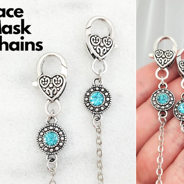 FACE MASK CHAIN Antique Silver Aquamarine Crystal or Rainbow Enameled Discs, Facemask Strap Holder Necklace Chain Gemsicles Jewelry N5926