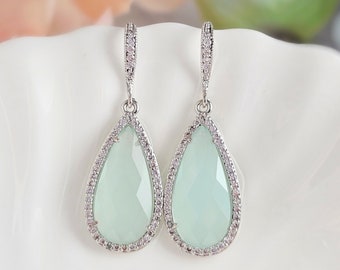 Mint Green Earrings Silver Teardrop Earrings Mint Opal Crystals Sage Green Earrings, Mint Bridesmaid Jewelry, Green Crystal Earrings E2145A