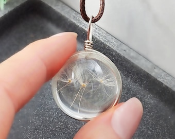 DANDELION NECKLACE SILVER Clear Crystal Pendant, Glass Globe Wish, Dry Flower Wisp Bauble, Lucky Jewelry Gift, Dried Botanical Floral N6439
