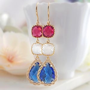 Red White & Blue Earrings 4th of July Patriotic Jewelry, USA American Flag Colors, Long Glass Crystal Dangles, Ruby Sapphire Diamond E2466A