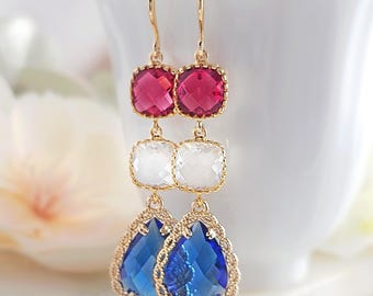 Red White & Blue Earrings 4th of July Patriotic Jewelry, USA American Flag Colors, Long Glass Crystal Dangles, Ruby Sapphire Diamond E2466A
