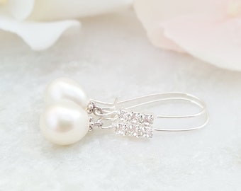 IVORY PEARL DROPS, Silver Diamond Crystal Dangles, White Freshwater Dangling Earrings, Bridal Party Gifts, Cream Pearl Bride Droplets E4108