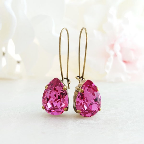 Hot Pink Earrings Dangling Fuchsia Teardrop Dangles, Rose Pink Tourmaline Crystal Teardrop Earring Gift for Her, Bright Pink Drops E3949
