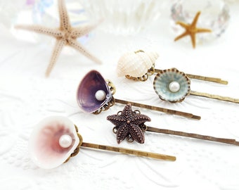 SEASHELL BOBBY PINS Beach Wedding Mermaid Hair Clip Pearl & Shell Hairpins Decorative Ocean Starfish Hair Accessories Bridesmaids H4237-1