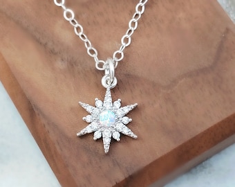 STERLING SILVER STARBURST Necklace White Opal Diamond Star Pendant, Snow Opal & Cubic Zirconia Sun Charm, Boho Celestial North Star SN2011
