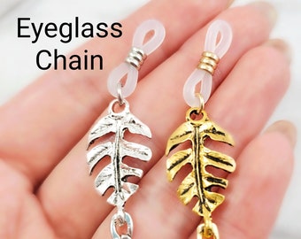 READING GLASSES CHAIN Gold Eyeglasses Chain, Gold or Silver Glasses Chain with Banana Leaf, or Mask Chain Gift, Gemsicles Accessories N5950