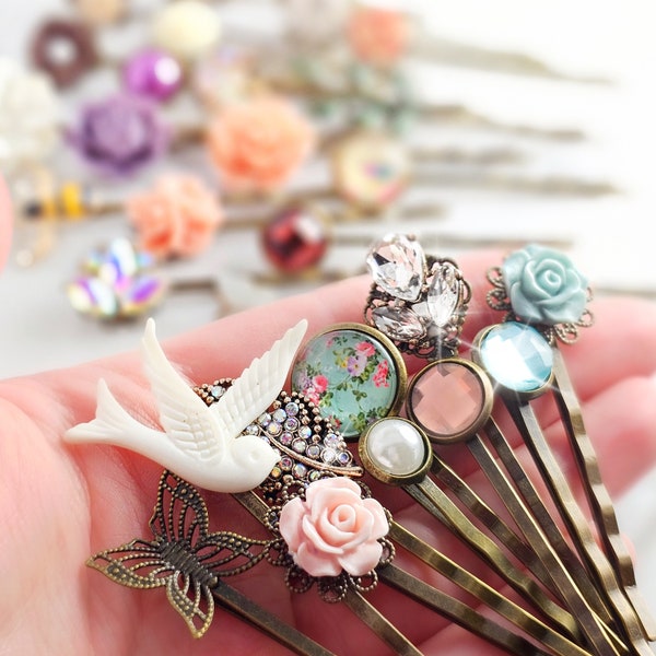 Bobby Pin GRAB BAG Set of 6 Hairpins Choose Your Color, Floral Decorative Vintage Bronze Bobby Pins Iridescent Crystals, Pearls, Flowers