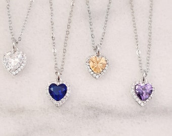 Heart Necklace Sapphire Blue Cubic Zirconia Diamond, Champagne Crystal Heartshaped Jewelry Gifts, Personalizable Amethyst Valentine N2025A