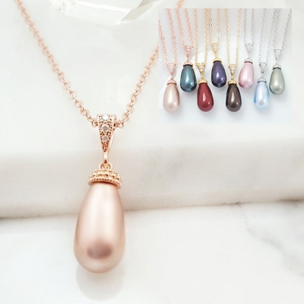 CHAMPAGNE PEARL DROP Necklace, Choose Pearl Color, Gold, Silver, Rose Gold, Blush Teardrop, Taupe, Mauve Bridal, Pink Pearl Necklace N5811