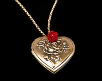 HEART LOCKET NECKLACE Antiqued Gold Open Picture Locket for Photos, Romantic Vintage Victorian Floral Red Rose Flower for Mother N1303