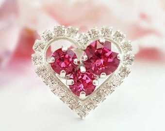 LADIES RING Silver Heart Ring Rose Pink Diamond Crystal, Anniversary Rings for Women, October Pink Tourmaline Birthstone Gifts Trendy R3029