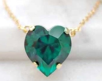 Gold Green Heart Necklace VALENTINE'S DAY GIFT for Her, Big Dark Green Emerald Crystal, May Birthstone, Romantic Tourmaline Jewelry N3112