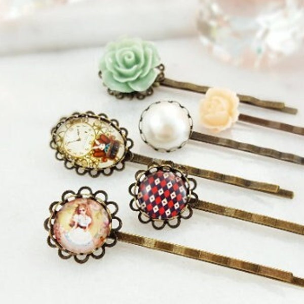 FAIRYTALE Bobby Pin Set of 6, Alice in Wonderland Clock, Rabbit HAIRPIN, Vintage Floral Hair Piece Accessories Bohemian Pearl Bobbies H4148