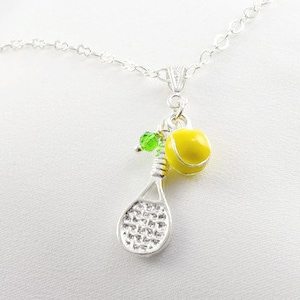 SILVER TENNIS NECKLACE Sterling Jewelry Gifts, Racquet Charm, Tennis Player, Peridot Crystal, Coaching Sports, Doubles Partner Gift N1276