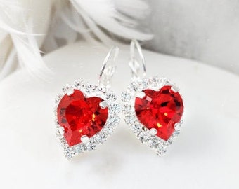 RED HEART EARRINGS Ruby Red or Pink or Purple Heartshaped Crystals, Rose Opal Earrings, Choose Style, Gold or Silver Romantic Jewelry E3818