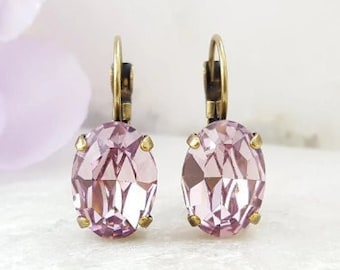 PURPLE DANGLING EARRINGS Fuchsia Rose Pink Crystals, Sage Green, Clear or Lavender Dangles, Birthstone Jewelry, Oval Diamond Droplets E3989