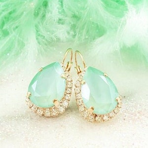 Mint Crystal Teardrop Earrings Rose Gold Peach or GREEN TEARDROP DANGLES, Big Gold Dangling Green Diamond Rhinestone Earrings E9493B