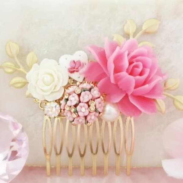 PINK FLOWER COMB for Weddings, Gold Living Coral Hair Clip, Pink Rose Floral Haircomb, Gold Leaf Hairpiece Blush Bridesmaid Accessory H2081A