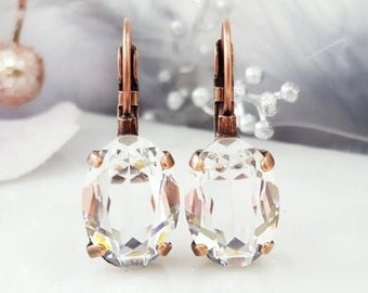 CLEAR CRYSTAL EARRINGS Silver, Gold, Rose Gold or Copper Finish, Oval Stone Drops, Sparkly White Rhinestone Diamond Drop Droplets E3215