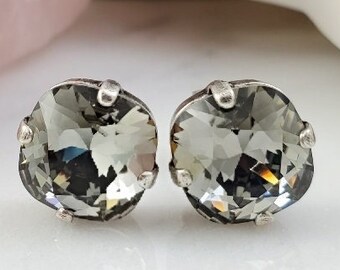 BLACK DIAMOND STUDS, Grey Crystal Earrings, Charcoal Rhinestone, Choose Your Crystals, Blue Opal or Mint Green, Jewelry Gifts for Her E3062A