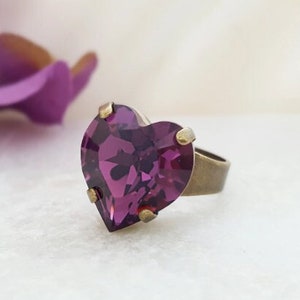 PURPLE HEART RING or Clear Diamond Heartshaped Crystal, Big Chunky White Rhinestone Ring, Adjustable Band, Bling Promise Ring for Her R5016