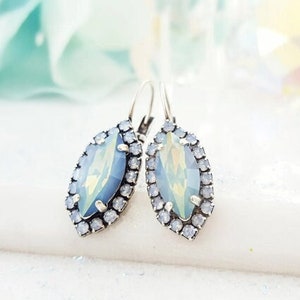 BLUE OPAL EARRINGS Dark Silver Blue Fire Opal Drops, Sky Blue Crystal Marquis Rhinestone Navette, October Birthstone, Gifts for Her E3142