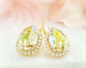 Yellow Green Earrings GOLD CITRINE CRYSTAL Dangles, Fuchsia Pink or Iridescent Topaz Tear Drops, Big Diamond Cocktail Jewelry Gifts E3509