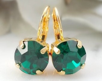 EMERALD EARRINGS GOLD or Rose Gold Dangles, Green Tourmaline Drops, Dark Green Birthstone Gifts for Her E9409A
