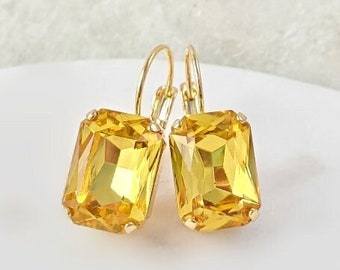 TOPAZ EARRINGS GOLD Citrine Baguette Drops Yellow Crystal Rhinestone, November Citrine & Smokey Quartz Gift Light Topaz Rectangles AE3440B