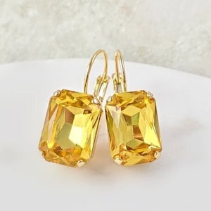 TOPAZ EARRINGS GOLD Citrine Baguette Drops Yellow Crystal Rhinestone, November Citrine & Smokey Quartz Gift Light Topaz Rectangles AE3440B