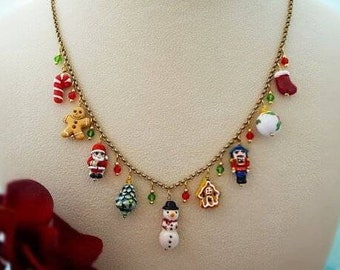 CHRISTMAS NECKLACE HOLIDAY Charm Jewelry and Gingerbread Cookie Earrings, Xmas Tree Gift for Her, Snowman, Santa Claus Red Candy Cane N5100A