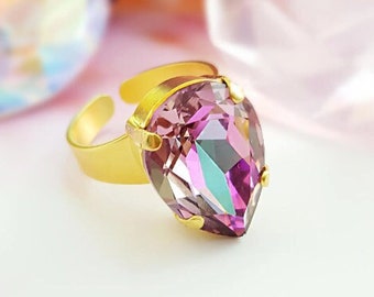 GOLD TEARDROP RING, Purple or Topaz Swarovski Crystal, Large Waterdrop Citrine Ring, Lavender Alexandrite or Tanzanite or Yellow Ring R3005