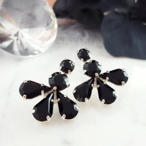 BLACK CRYSTAL Earrings Jet Rhinestone Teardrop Studs, Antiqued Silver Tear Drop Diamonds, Waterdrop Jewelry, Formal Black Tie Gift E3176