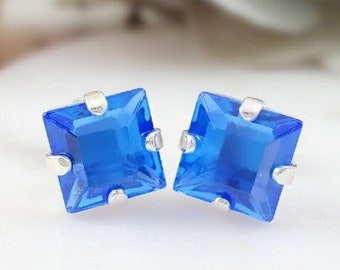 SAPPHIRE BLUE EARRINGS, Silver Capri Blue Square Studs, Cushion Cut Bright Blue Rhinestone Studs, Something Blue Jewelry for Brides CE10014A