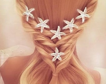 STARFISH HAIRPINS, SET of 3 Hair Pins, Beach Wedding Gift, Silver Clear Diamond, Pink, Turquoise or Blue Decorative Crystal Accessory H6042