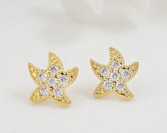 DIAMOND STARFISH STUDS, Gold, Silver or Rose Gold Clear Crystal Bridesmaid Starfish Jewelry, Ocean Beach Wedding Cz Bridal Party Gift E2186