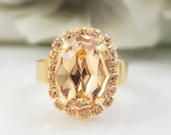 Anillo ovalado de oro con topacio y cristal, anillo ajustable de oro con citrino, anillo ovalado de zafiro amarillo y diamantes color champán para mujer, talla única, R3052A